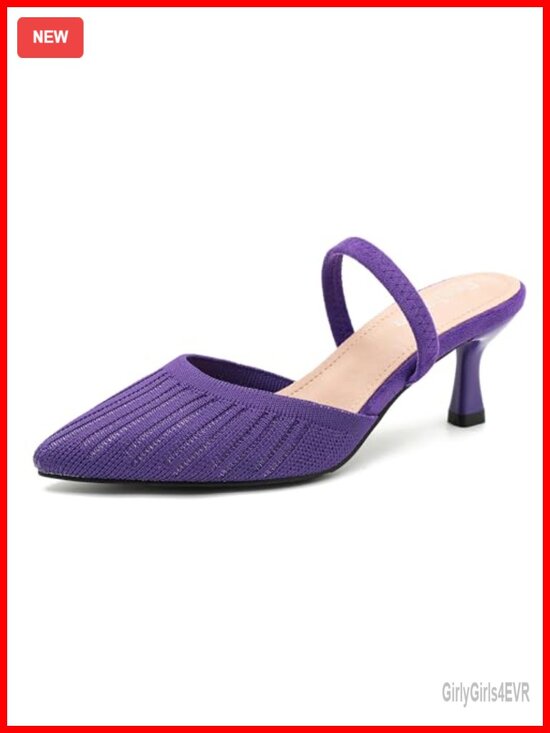 Shoes - Kitten Heel Pointed Toe Knit Pumps Slingback Elastic Ankle Strap Dress Shoes